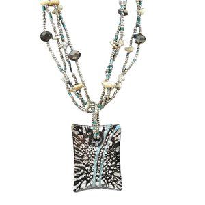 Art Glass Pendant Necklace 4 Strand Seed Bead Jewelry Silver Blue